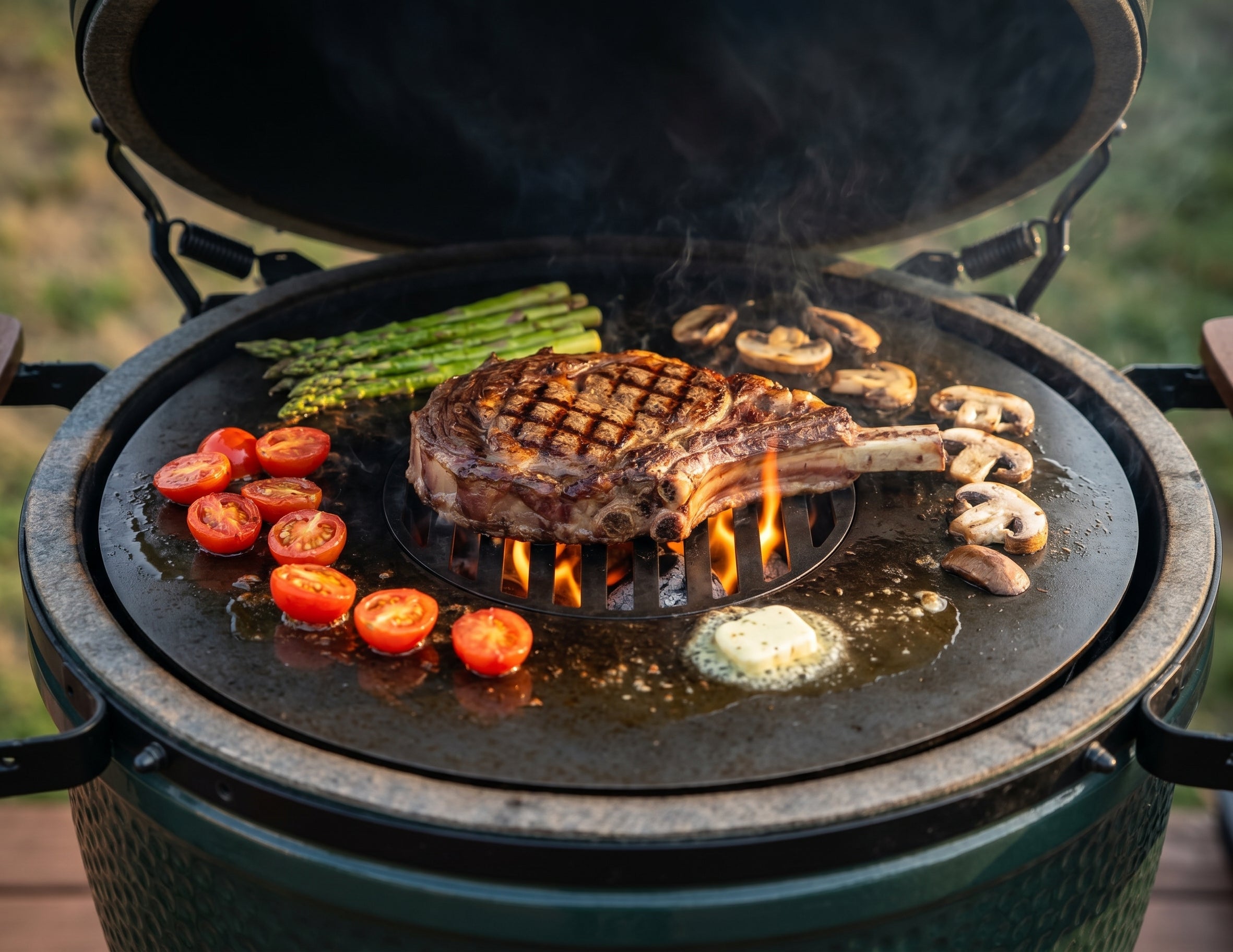Bone-in ribeye searing on the Arteflame center grill grate of a kamado grill, with asparagus, cherry tomatoes, mushrooms and garlic butter on the carbon-steel griddle ring